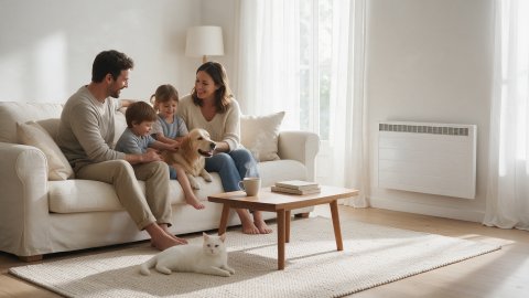 Famille dans son salon qui profite de la chaleur d'un radiateur Rothelec